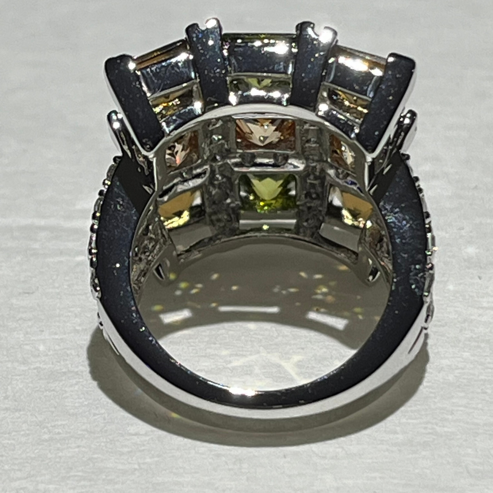 Fashionable Cocktail Ring Green Multicolor White Gold Plated Size 6, 7, 8