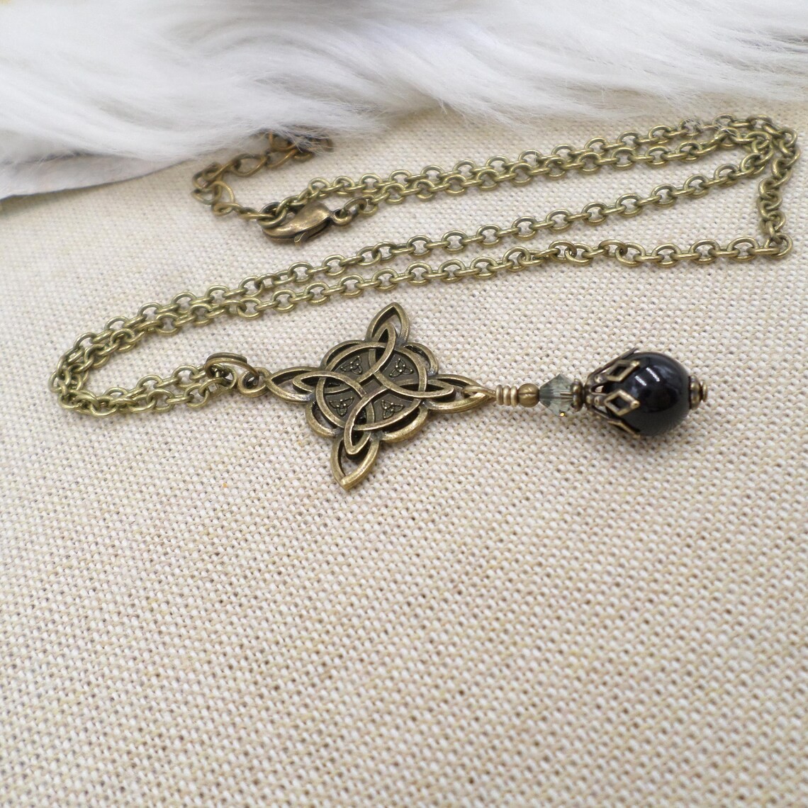 Celtic Knot Necklace, Black Bead Antique Brass Witch Knot Handmade Jewelry