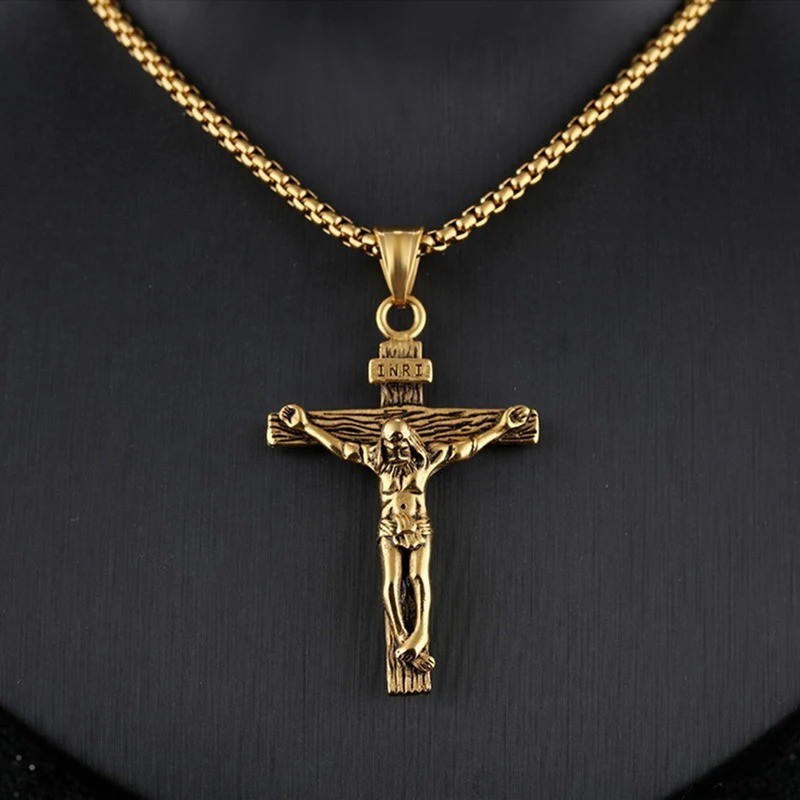 Religious Jesus Cross Stainless Steel Necklace For Men Fashion Gold Silver Color