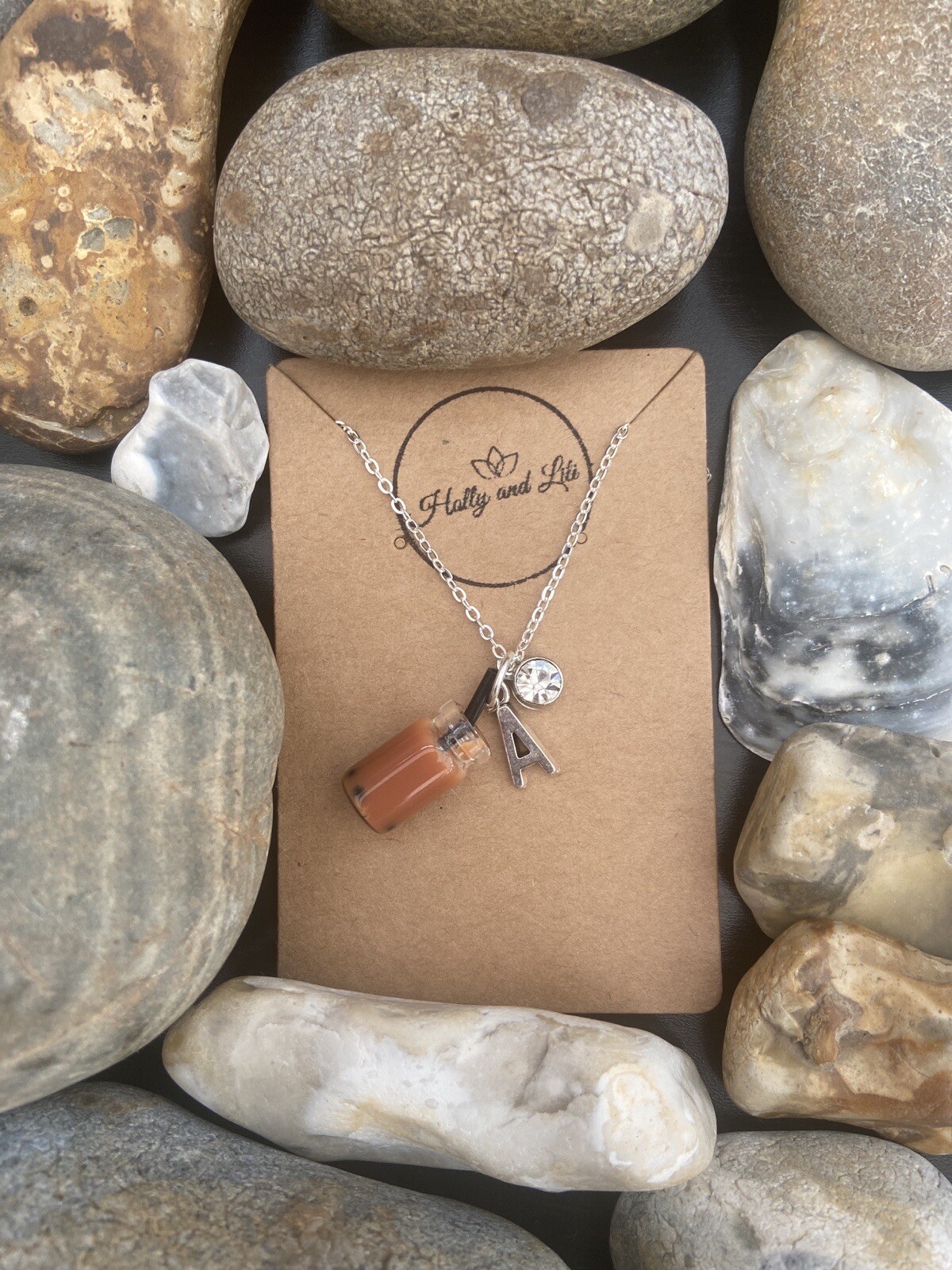 Brown Bubble Tea Boba Personalised Necklace Alphabet Initials & Birthstone