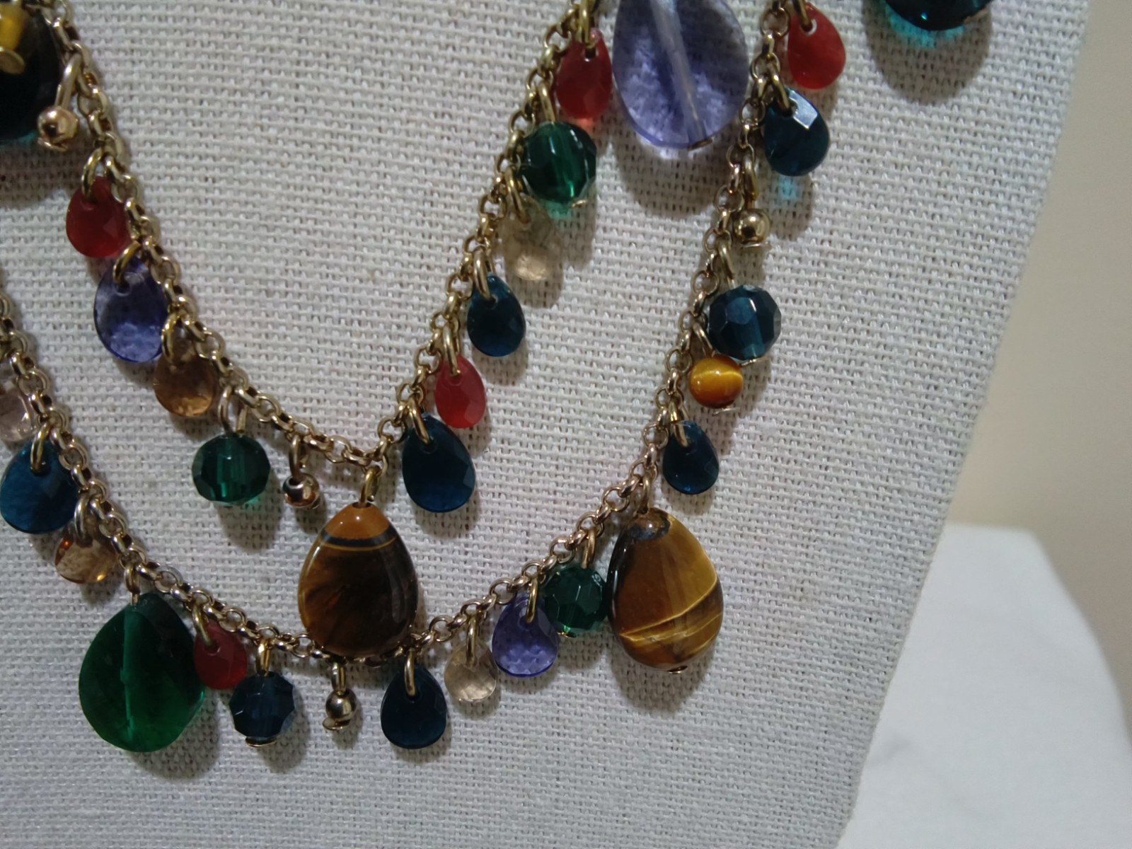 Talbots Branded Two-Strand Necklace, Tiger Eye & Multi-Color Glass Dangles