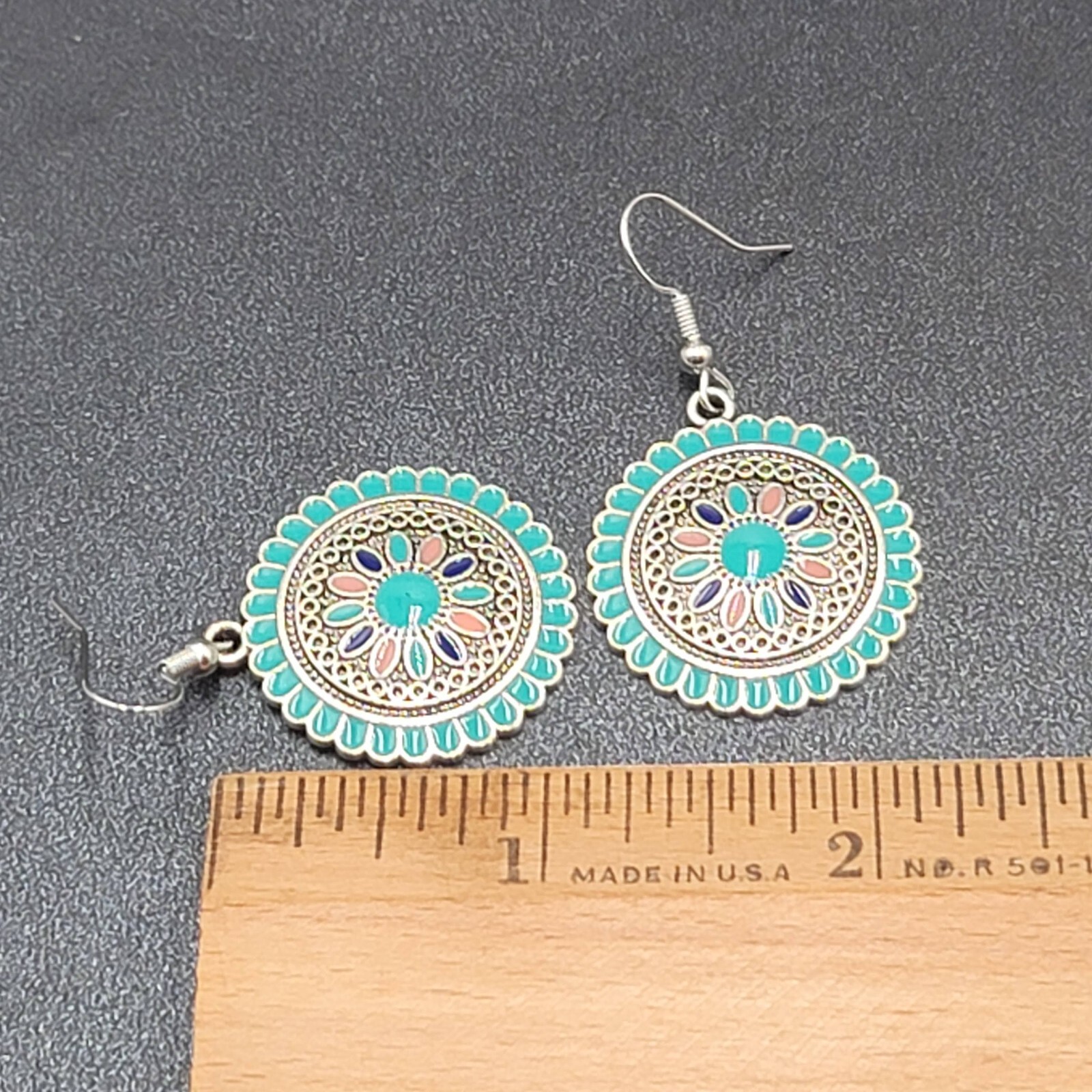 Pierced Earrings Silver tone Enamel Medallion Round Dangle Multicolor 1″