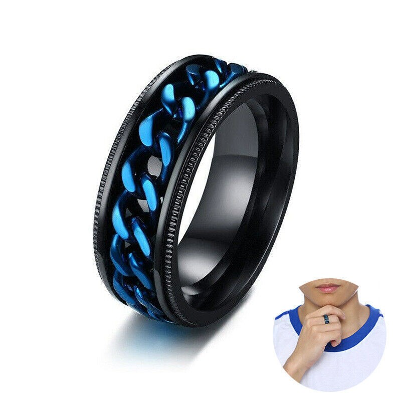 Blue Stainless Chain Size 45120 Black Band Steel Spinner Wedding Men’s Ring 8mm
