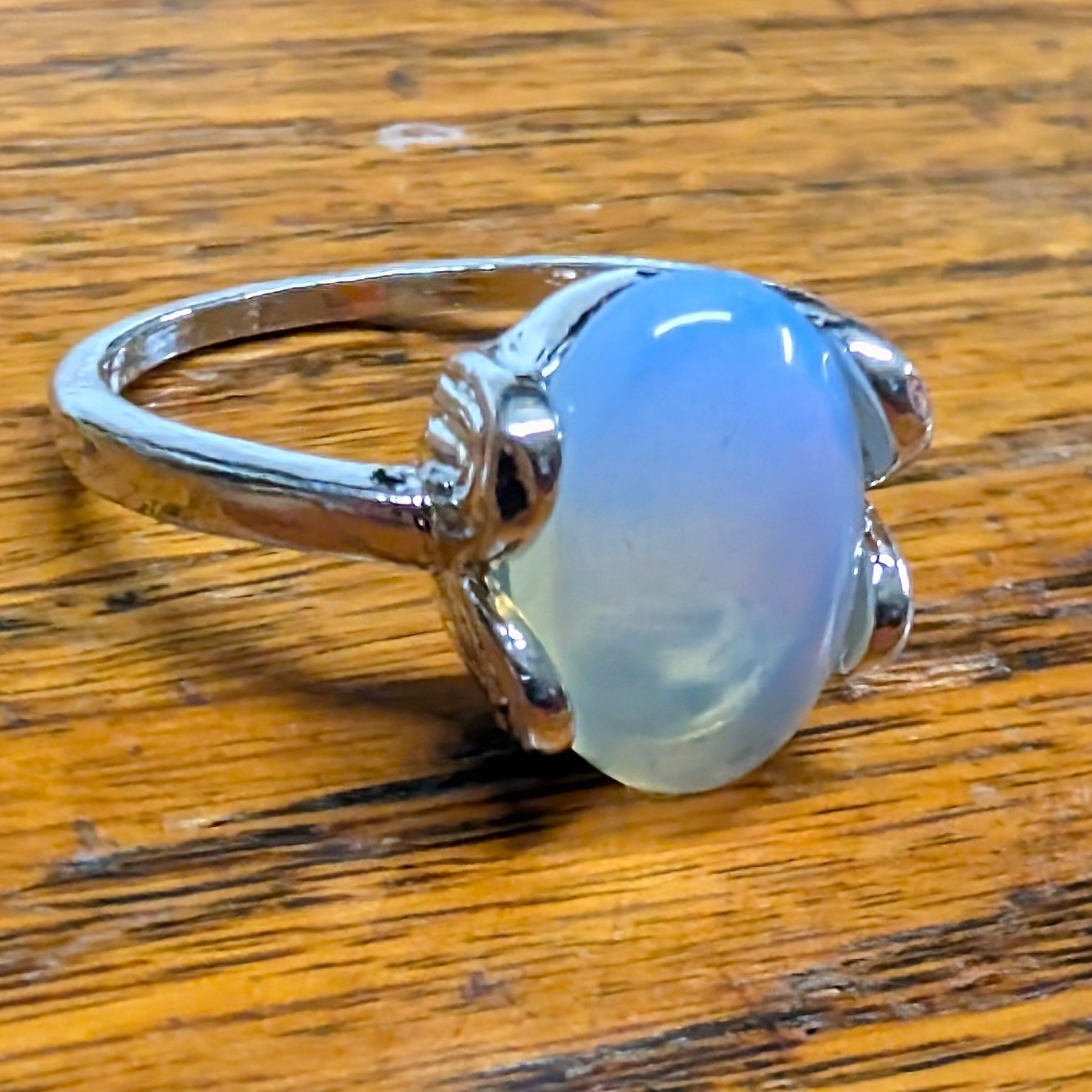 New Opalite Oval Cabochon Big Ring Plus Size 10.5 Blue SilverTone Statement Boho