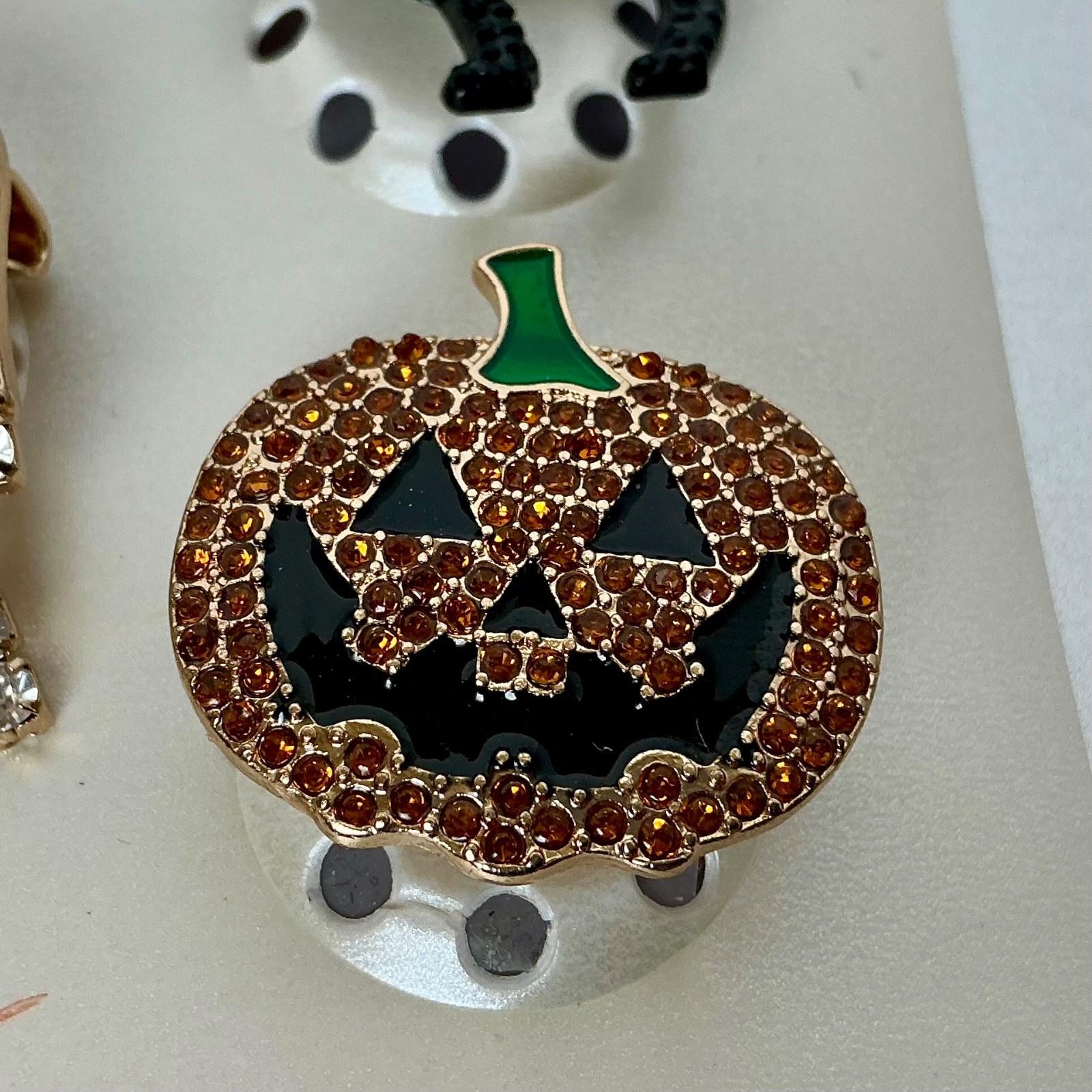 Halloween Rhinestone Pin Trio Black Cat Pumpkin Ghost Bijoux Bar NEW ON CARD