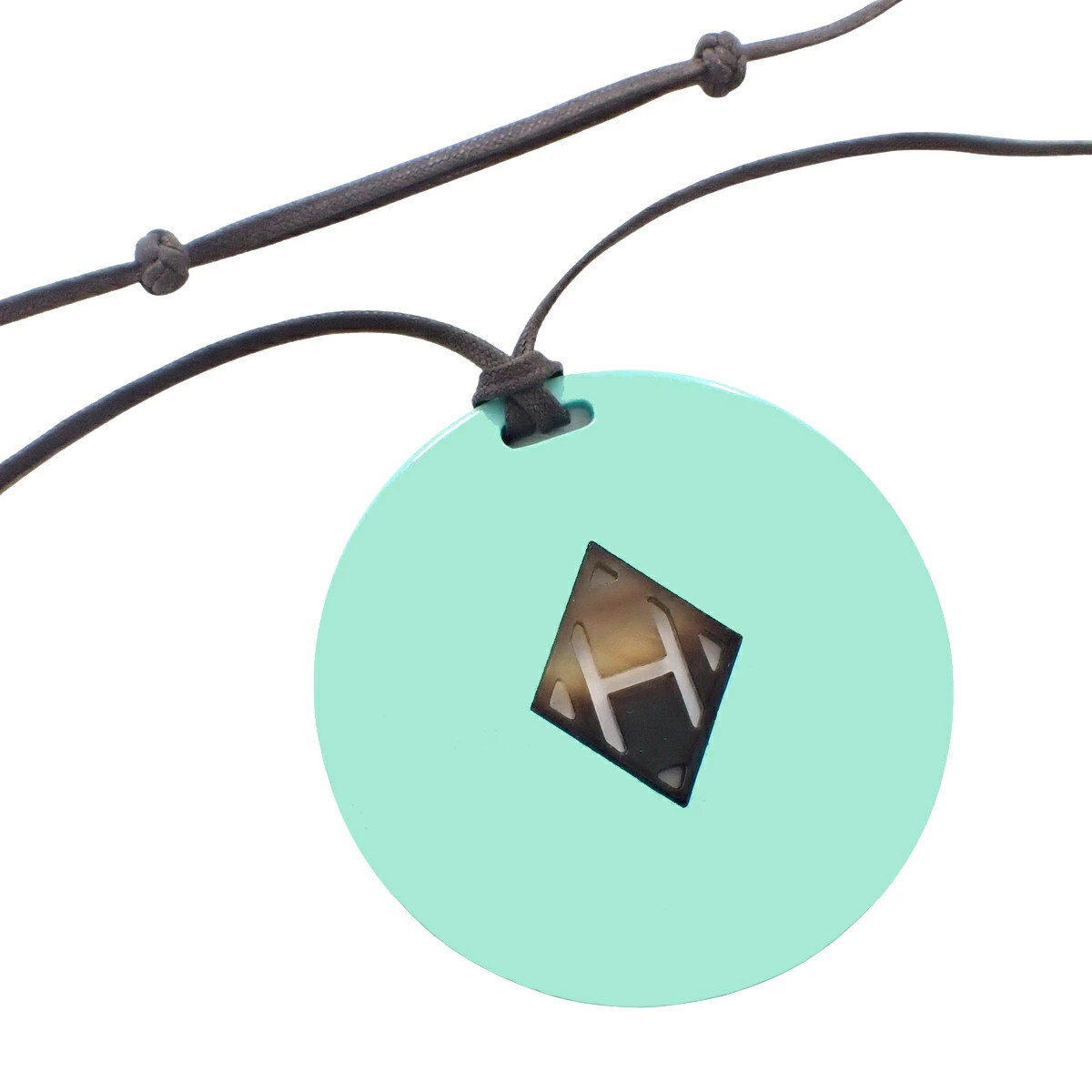 Hermes H Logo Pendant Buffalo Horn Necklace Accessory Jewelry Brown Tea Turquois