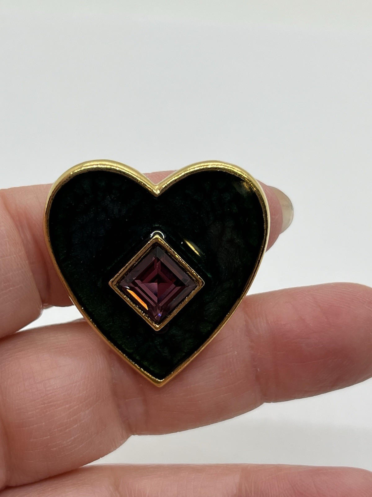 Yves Saint Laurent YSL Vintage Dark Green Heart Amethyst Diamond Clip, Earrings