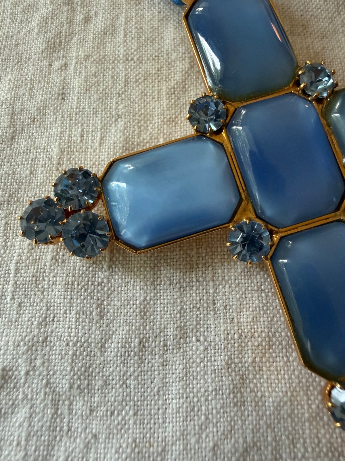 NWOT Vintage French Couture Style Cross / Brooch-Pendant Blue Glass 1980s