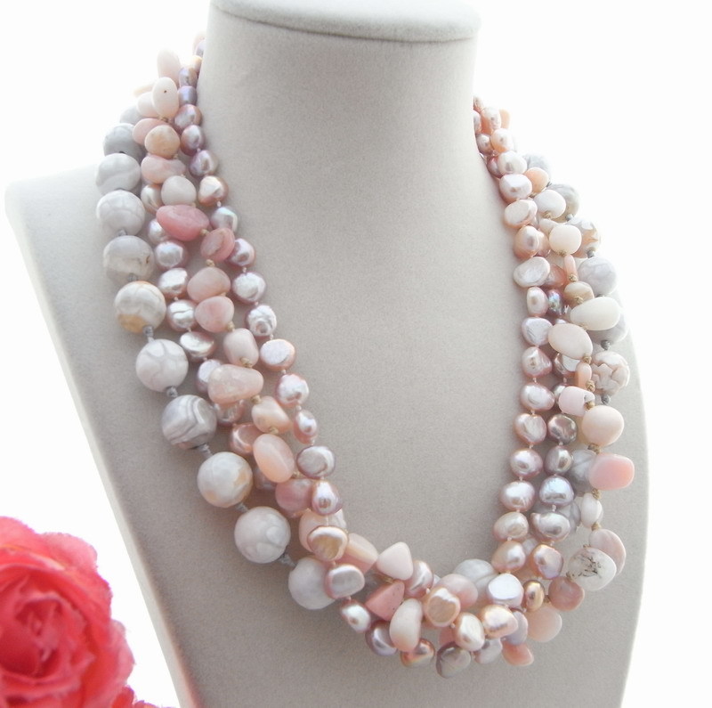 Purple Pearl Necklace Pink Opal White Agate 4 rows Strands 18″