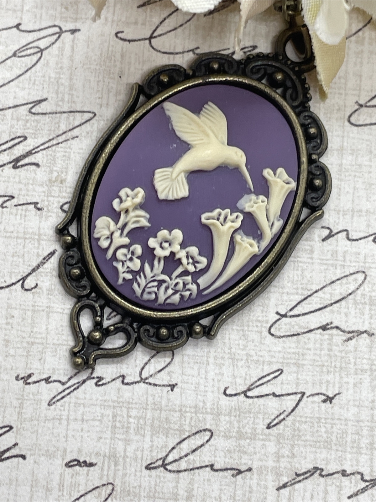 Purple Bronze Hummingbird Necklace Pendant Cameo Mom Daughter Birthday wedding