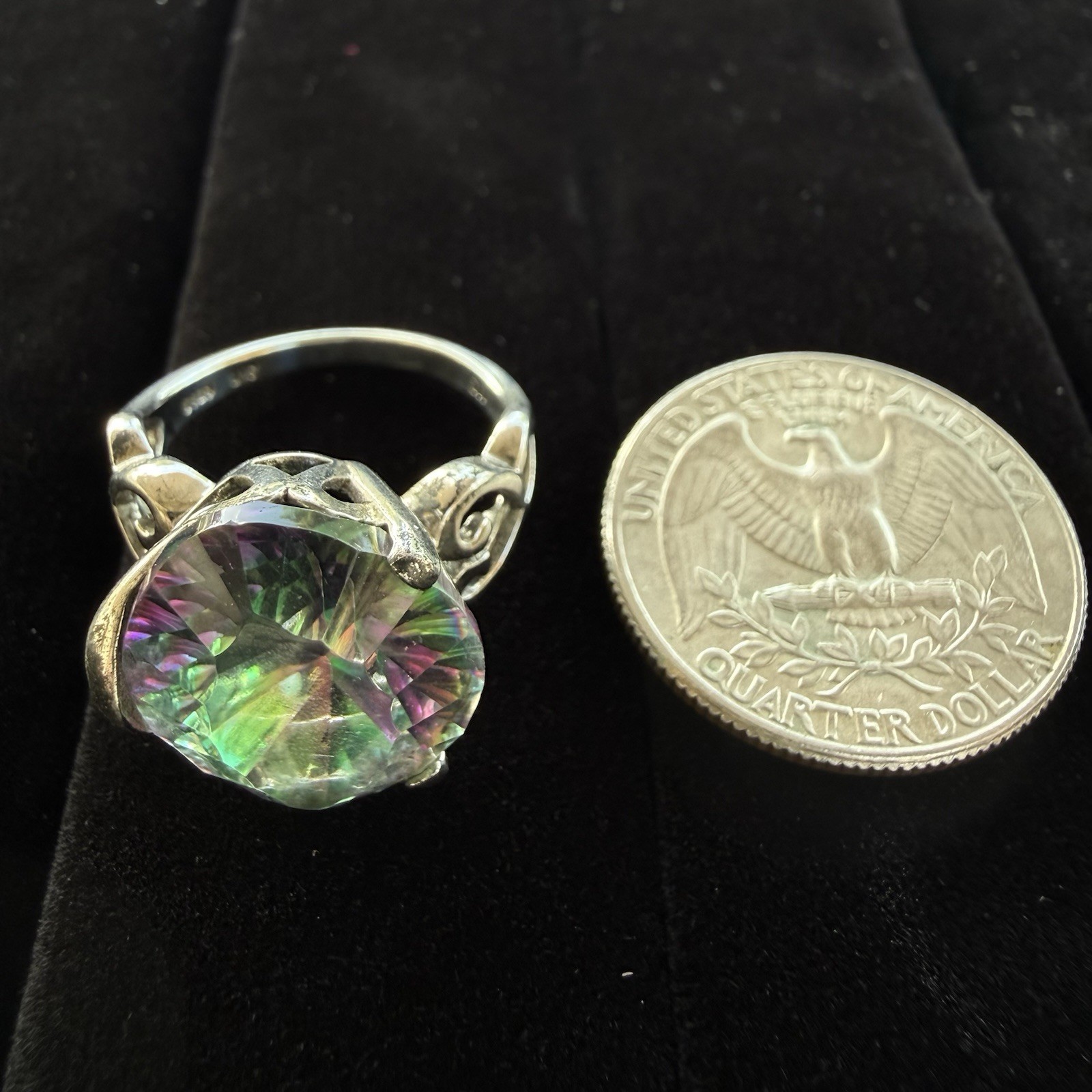 LUCCN Sterling Silver Floral Shank Large Oval Brilliant Mystic Topaz Ring Size 7