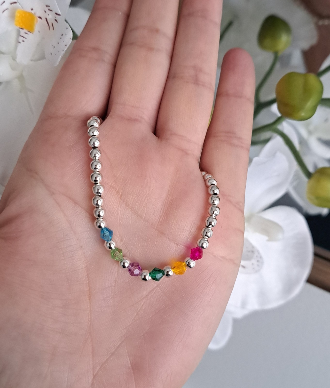 Personalised Family Birthstone Silver Beaded Bracelet Mother’s Day Gift for Her