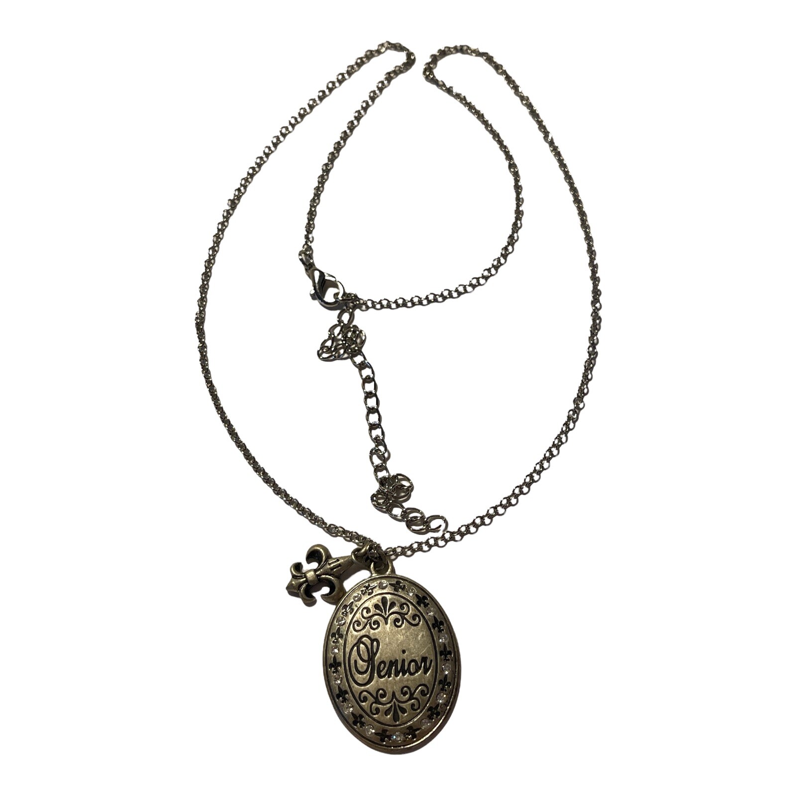 JOSTENS SENIOR Rhinestone Crystal Accents Antiqued Silver Tone Pendant Necklace!