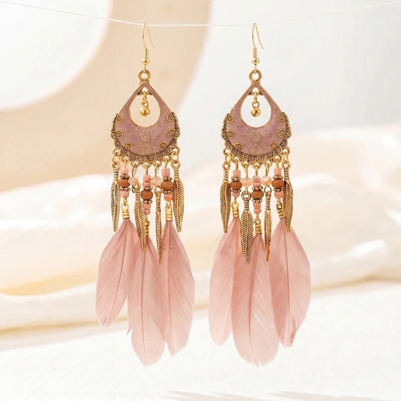 Handmade Bohemian Charm Colorful Feather Retro Design Beaded Long Earrings Women
