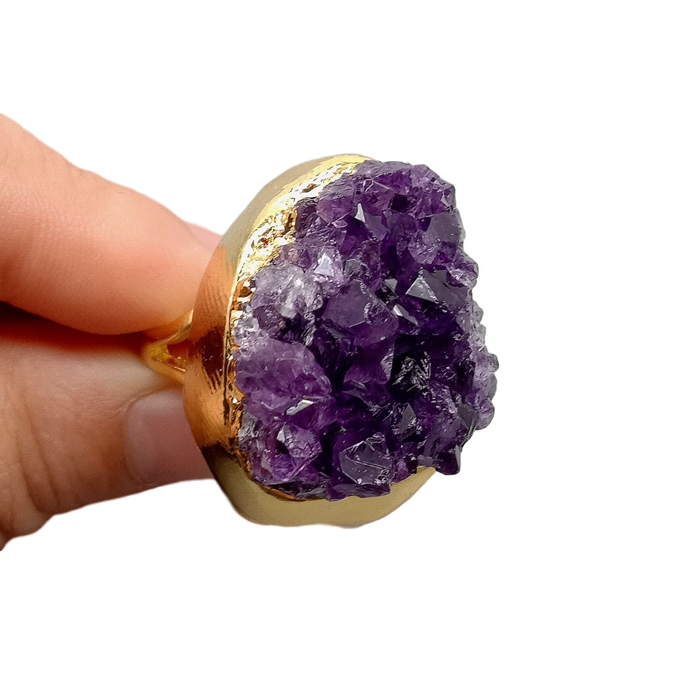 Natural Amethsyt Druzy Cluster Freedom Shape Gold Electroplated Ring Adjustable