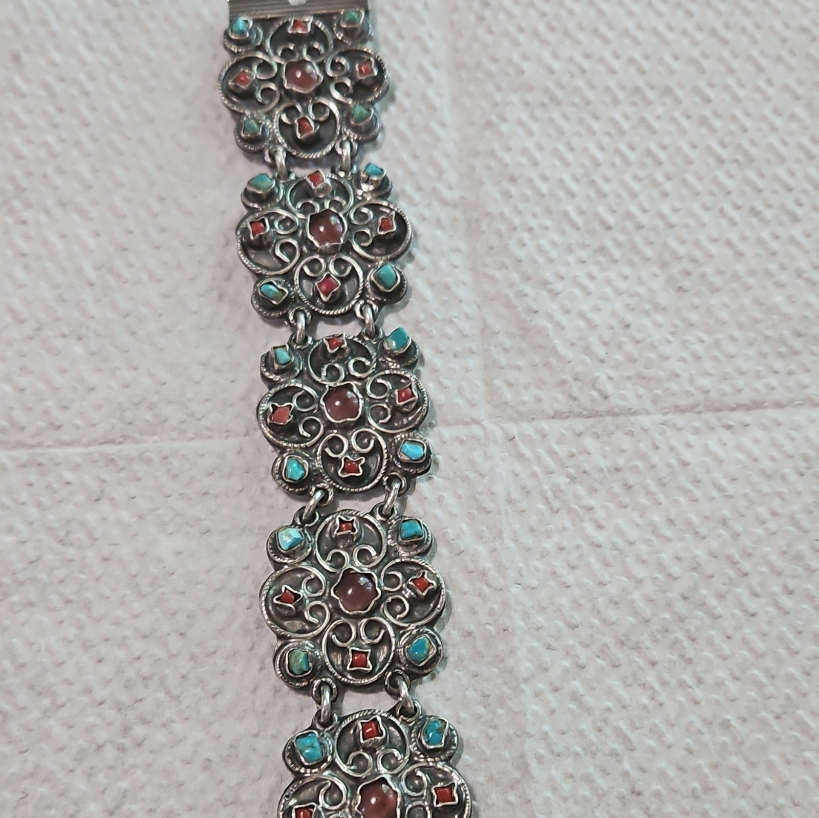 925 Sterling Silver Floral Flower Link Bracelet Red Blue (Turquoise)