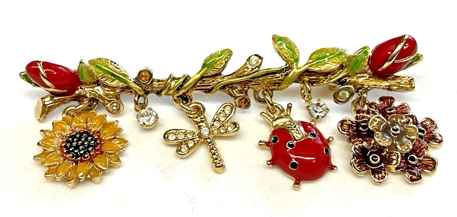 Broch Pin St John Enamel Sunflower Dragonfly Ladybug Rose Branch Charm