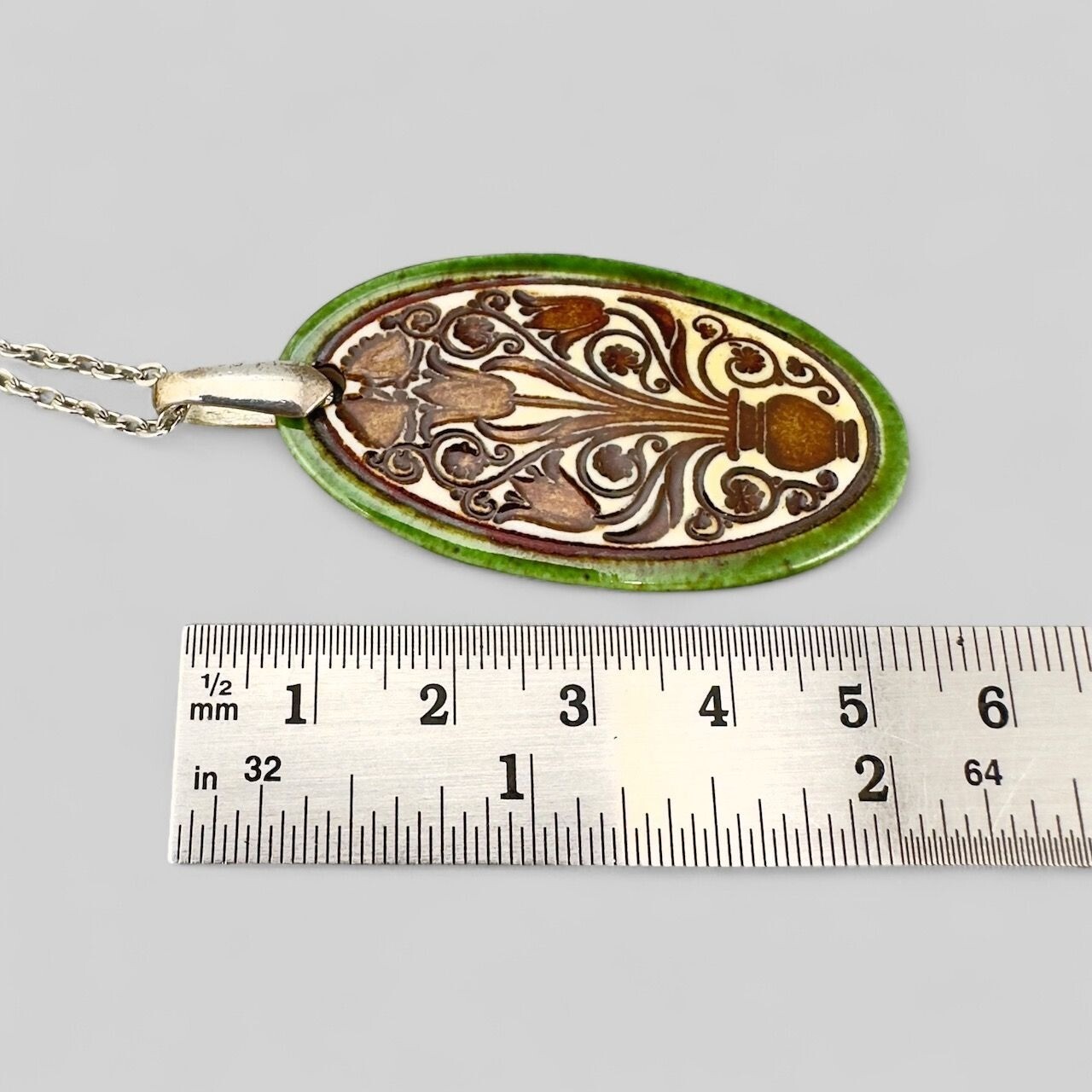 Handcrafted Oval Porcelain Tulip Vase Floral Pendant Necklace Silver Tone Chain