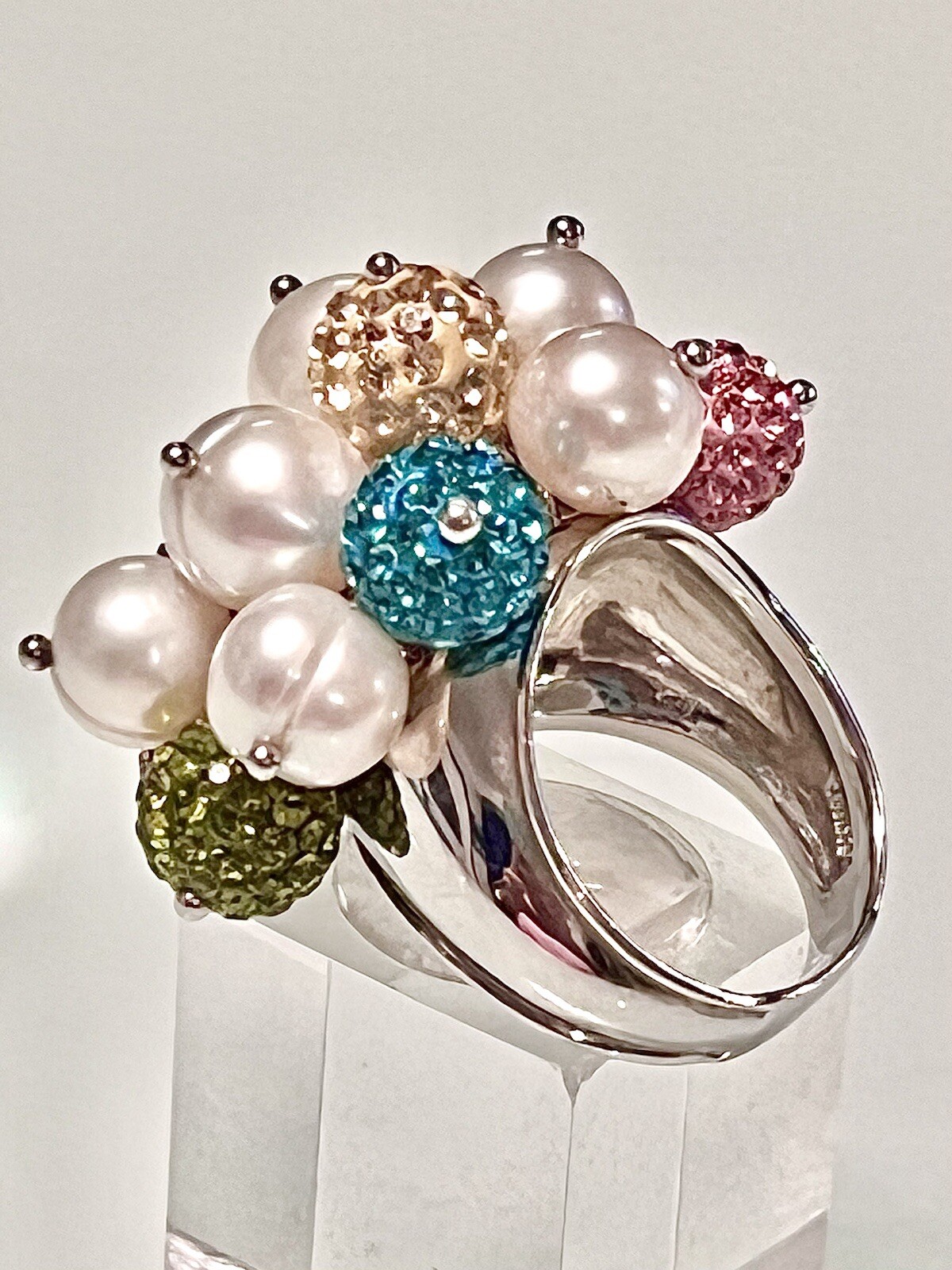 ROSS SIMONS~925 SS PEARLS W COLORED CRYSTAL BALL CLUSTER RING~SZ 7.25~15.7G