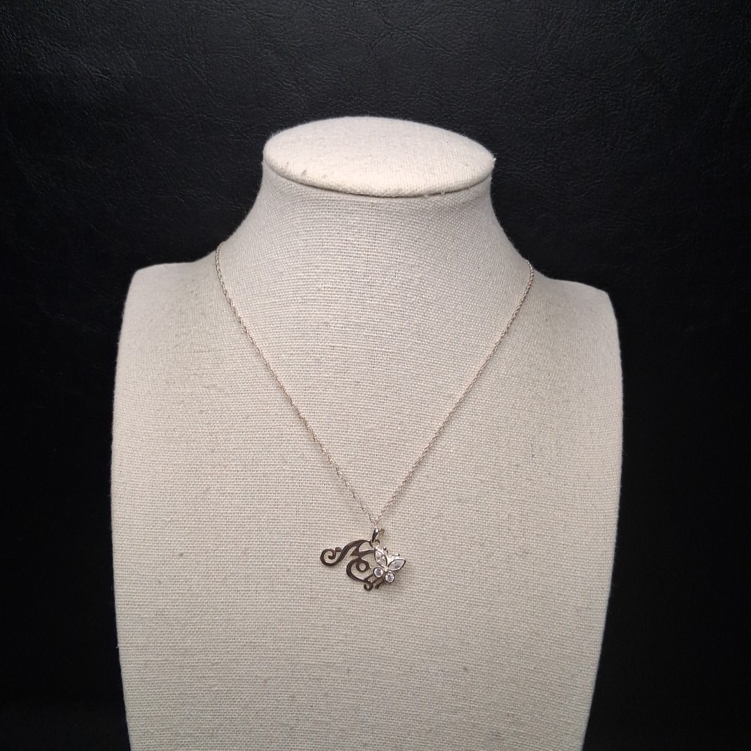 STERLING SILVER 925 Chain Necklace Initial “M” Pendant Whit CZ Butterfly. 15.129