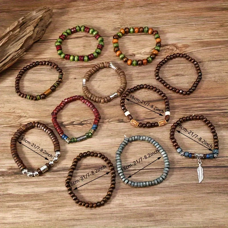 10Pcs Vintage Bohemia Men’S Bracelets – Fashion Stylish Leaves Wristwear Accesso