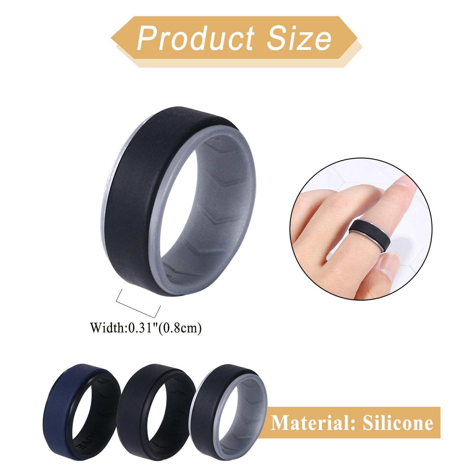 3PCs Men’s 8MM Stackable Silicone Rubber Ring Comfort Sports Wedding Bands #8-14