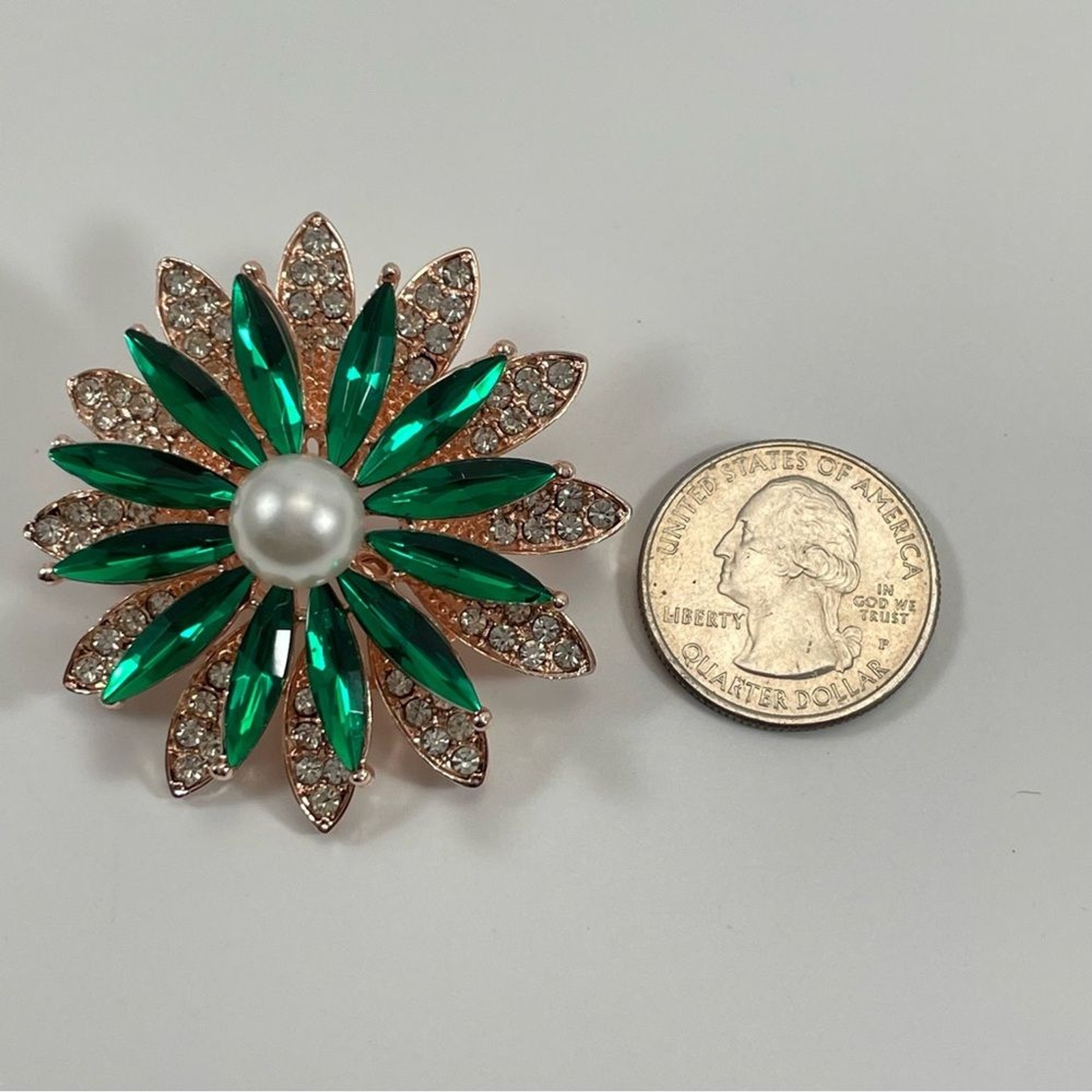 Rose Gold Tone Green White Rhinestone Faux Pearl Flower Brooch Pin Statement