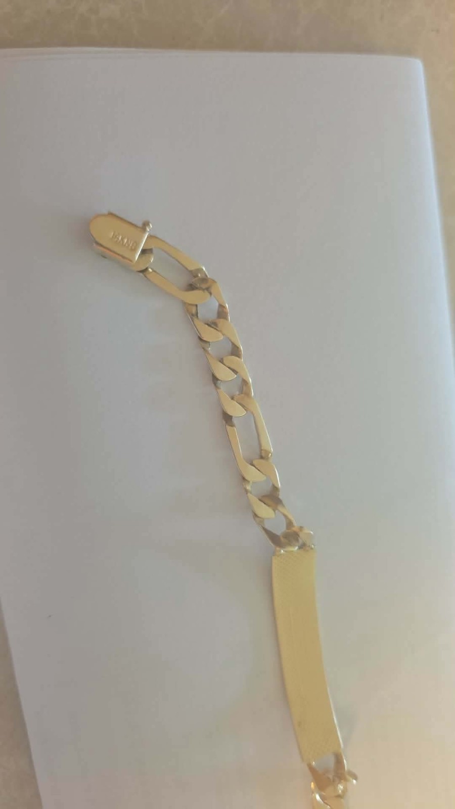 Gold Tone Figaro Chain ID Plate Bracelet, Lobster Clasp, Signed, 12 in