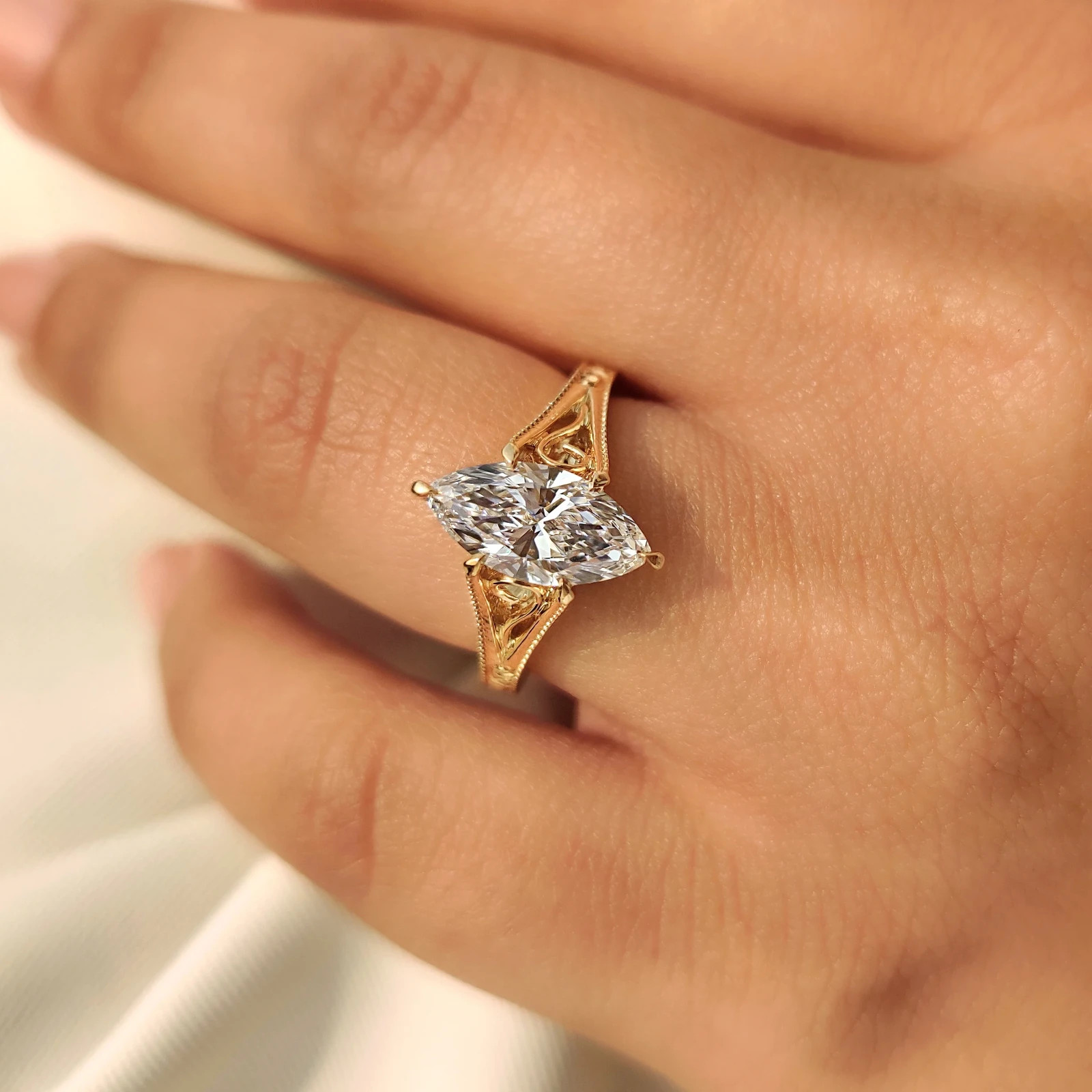 2.00CT Solitaire Lab Grown Diamond Marquise Cut Diamond Ring in Milgrain Details