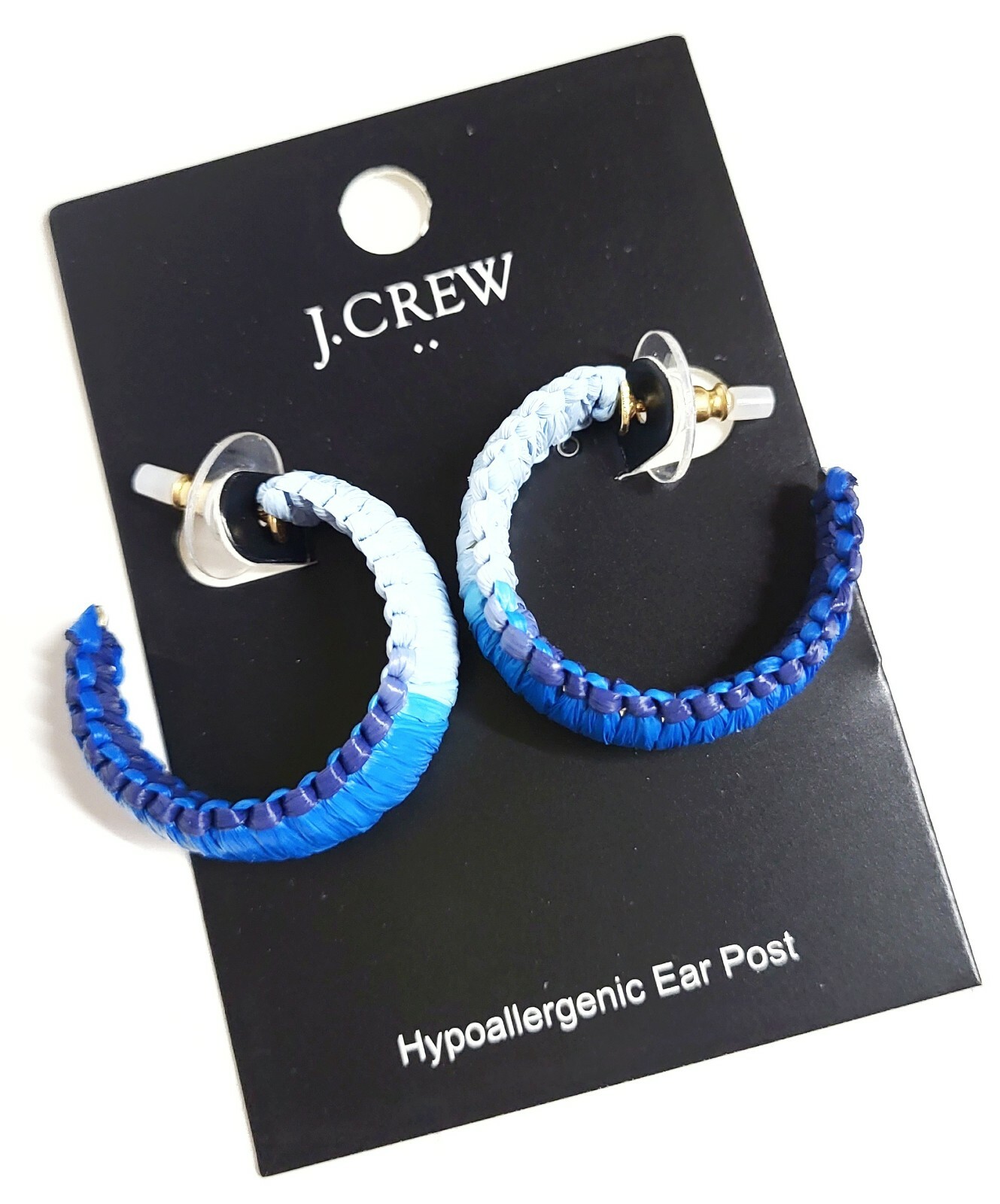 J.Crew Factory Raffia Wrapped Hoop Earrings Blue Ombre Multi Hypoallergenic NWT