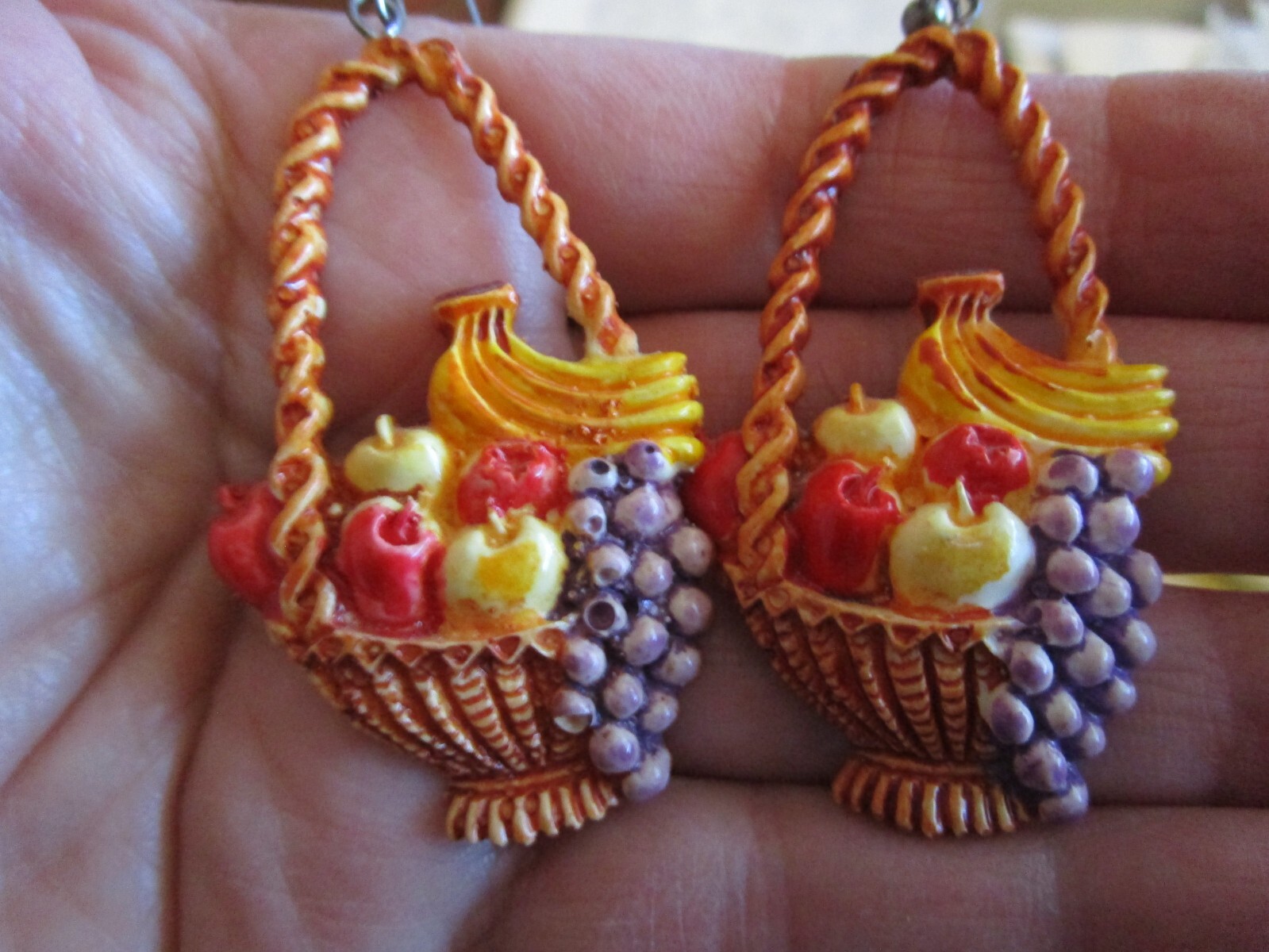 Wood Basket/fruits Dangle pierced Earrings, enamel/ceramic/wood NO24-29