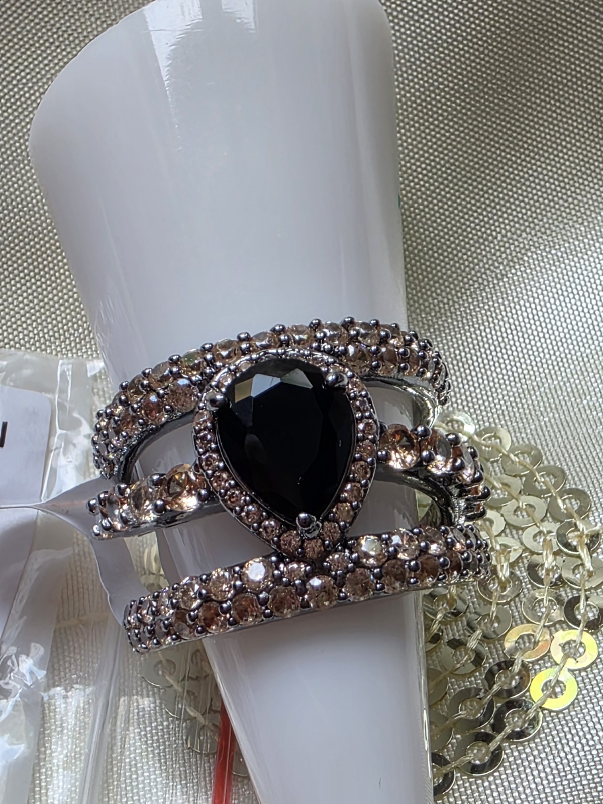 Hematite Plated Black Onyx Pear & CZ Prong Cocktail Statement Ring 6 RG89010