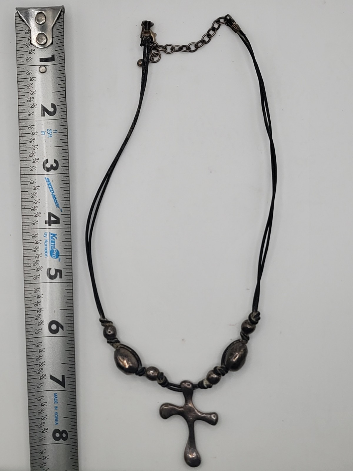 BARSE Sterling Silver Cross Necklace 925 Marked Pendant & Clasp Leather Cord 18″