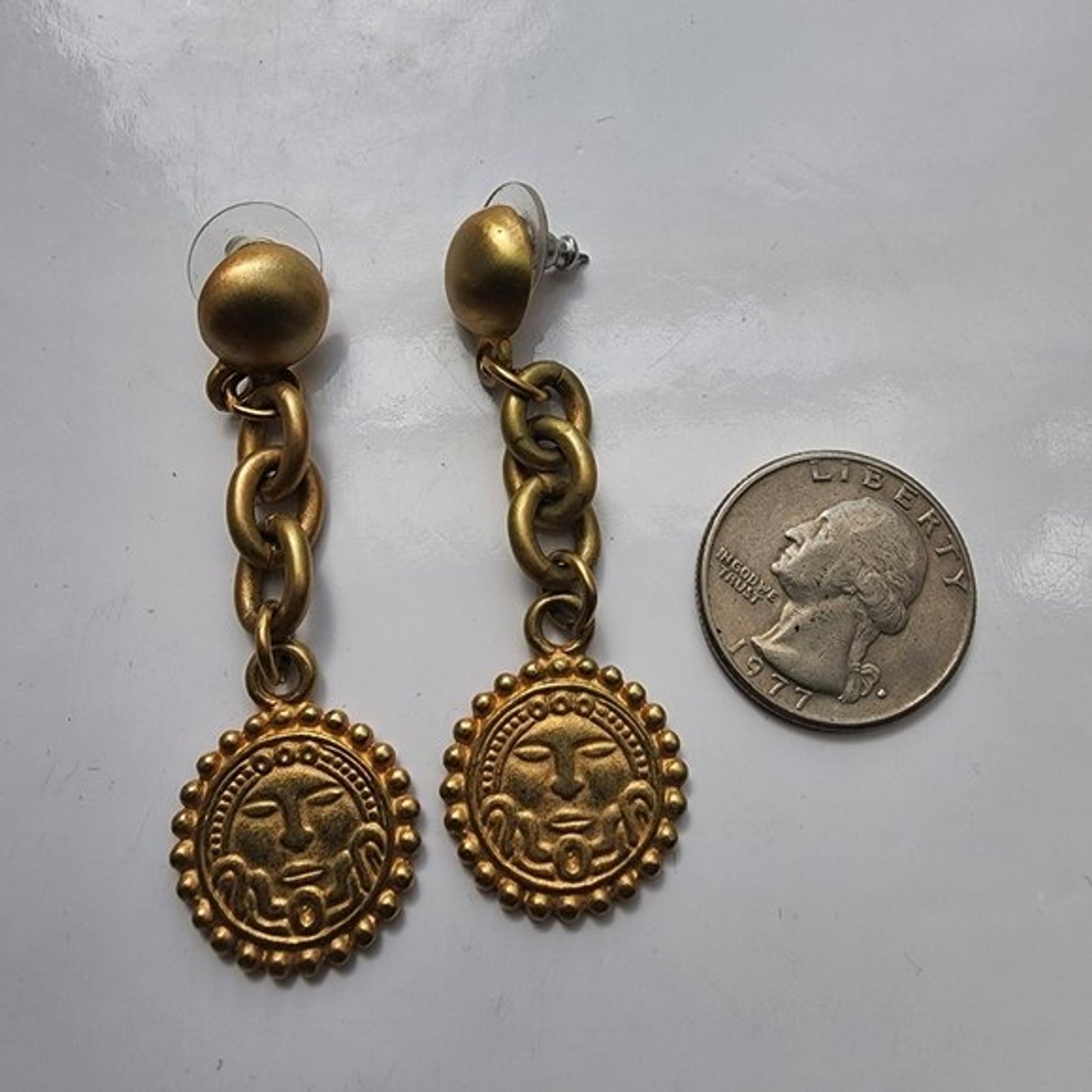 Vintage Antique gold Sun face figural tribal chain earrings