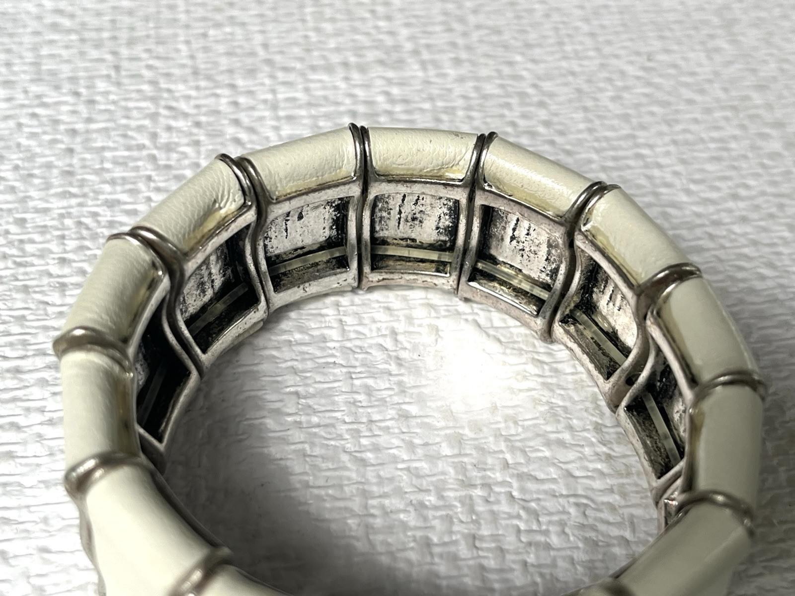 Link Cuff Bracelet Scandinavian White Leather Wrapped Links, Stretch bud to rose