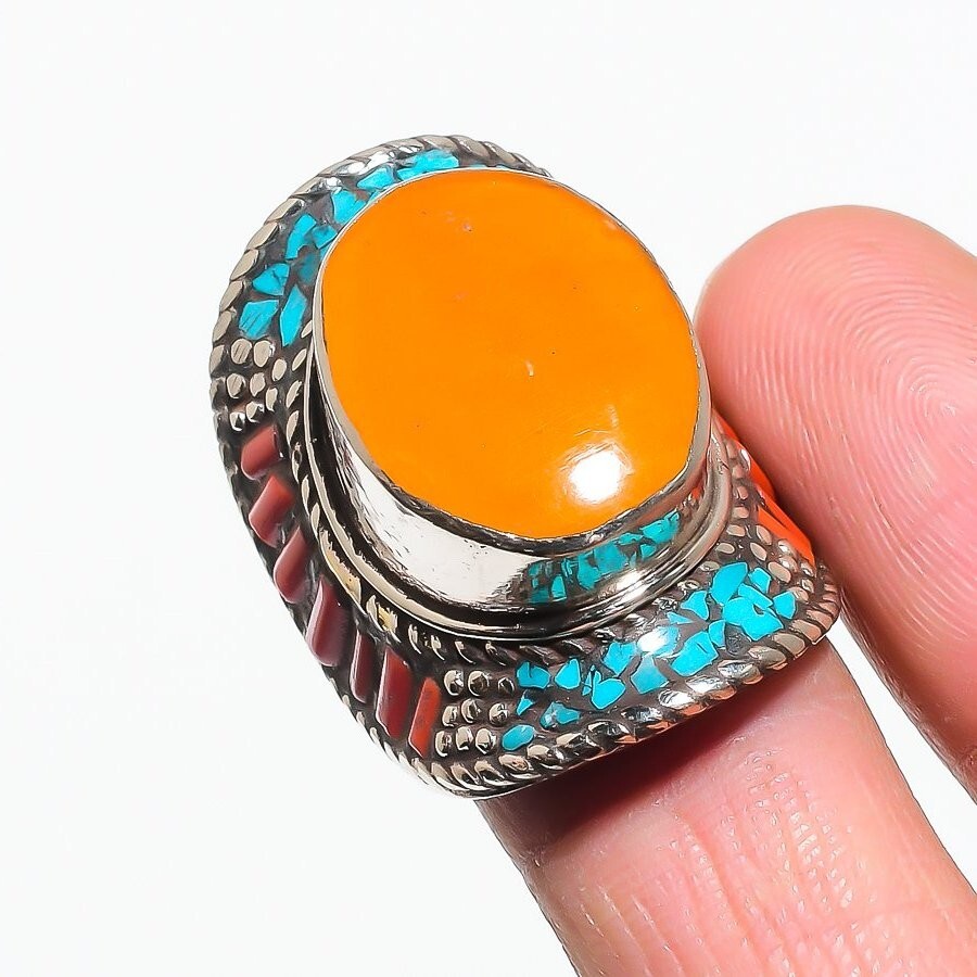 Yellow Coral Tibetan Turquoise Gemstone Ring Antique Boho Nepali Jewelry NR 3236