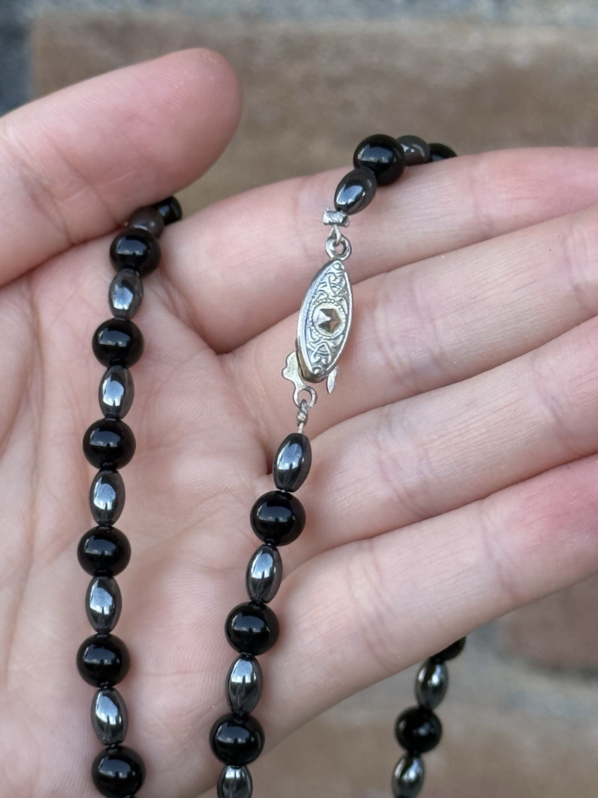 Black Onyx and Hematite Beaded Necklace Lobster Clasp