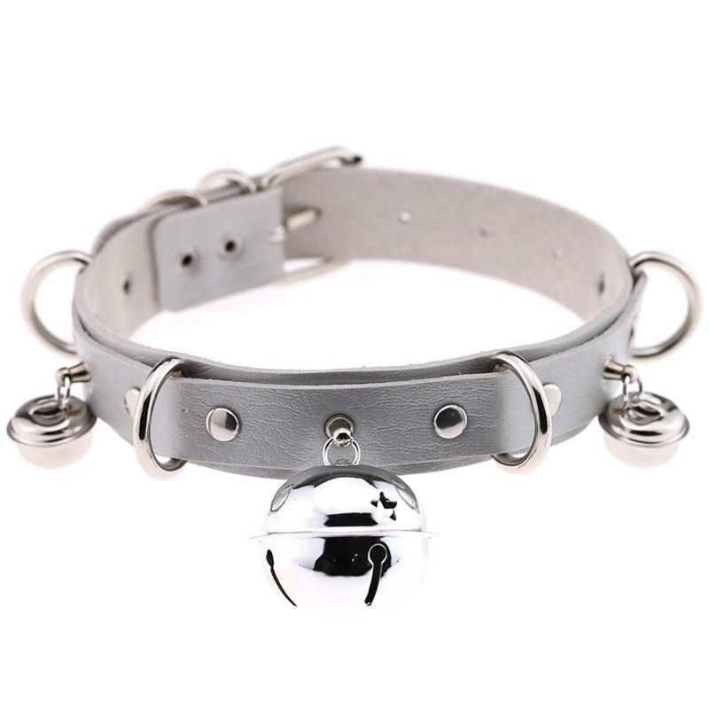 Womens Necklace Bondage Punk Gothic Choker Bell Collar Chain PU Leather