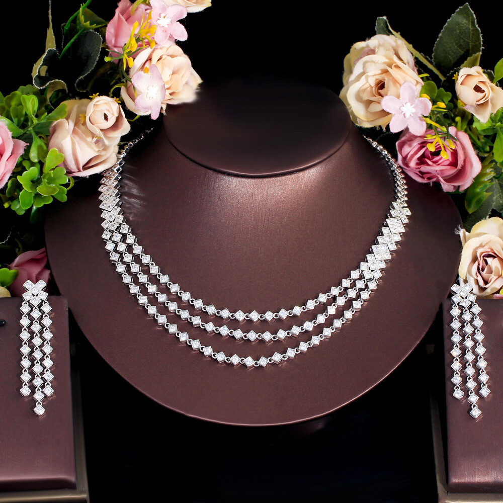 Silver Plated Zircon Multi-layer Necklace Long Tassel Earrings Women Jewelry Set