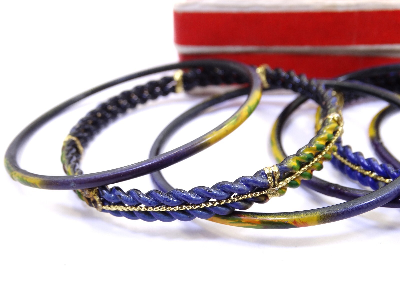 Vintage Old Indian Ceramic/Blue Enamel SATYAM Jewellers India 6pc Bangle Set