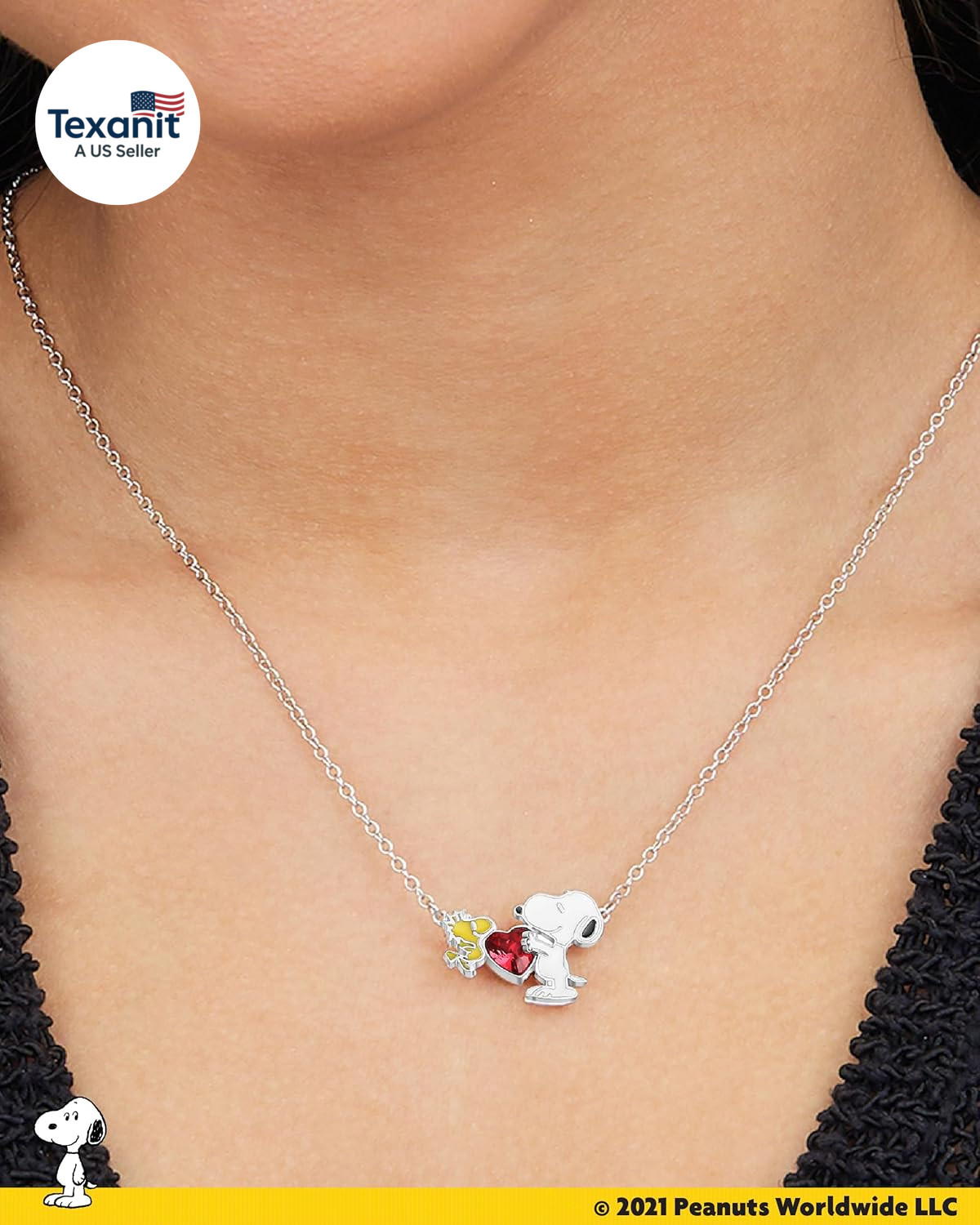 Official Snoopy and Woodstock Necklaces, Silver Flash-Plated with Red Crystal He