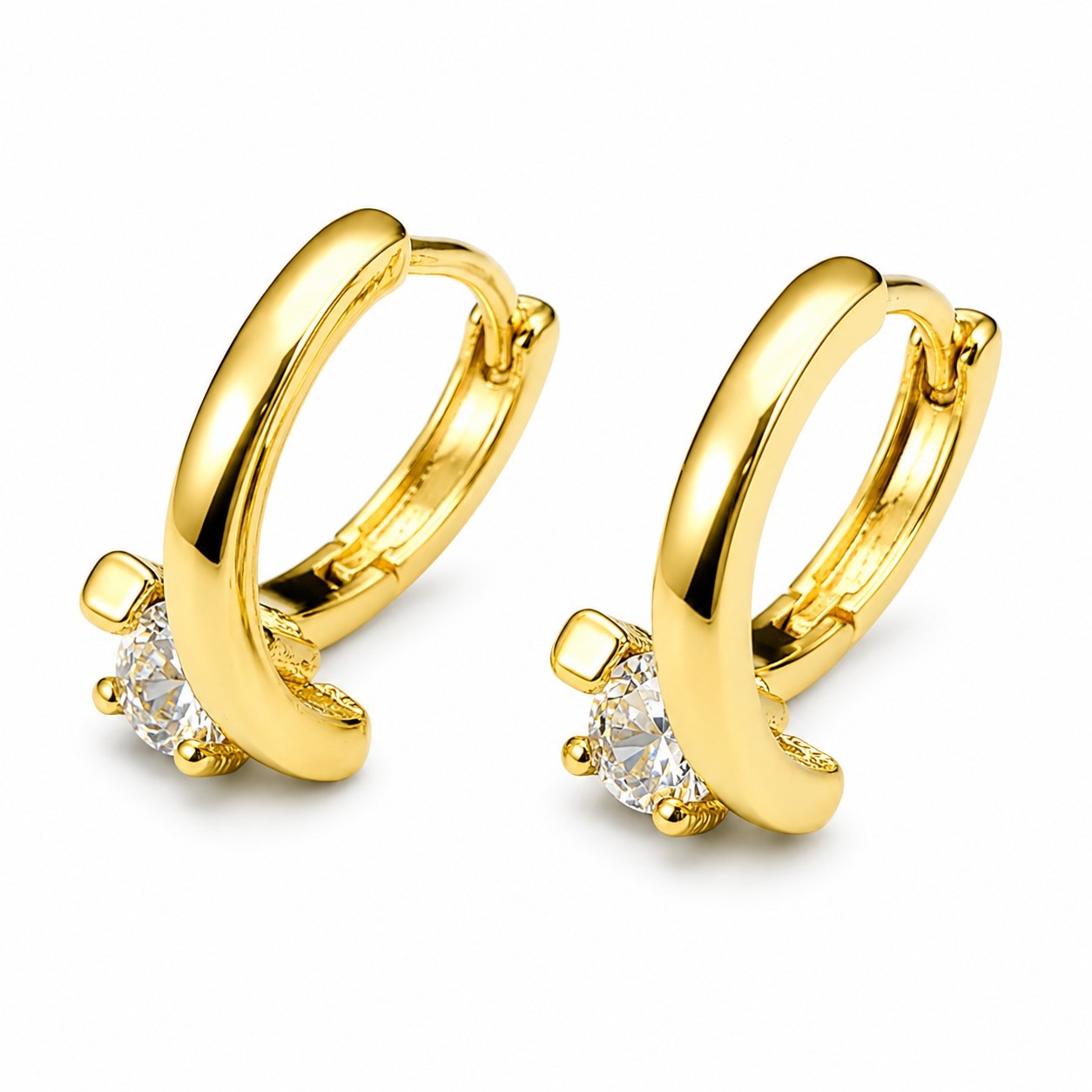 14K Gold Plated Hoop Earrings Round Zirconia Sparkle Dainty Everyday Wear
