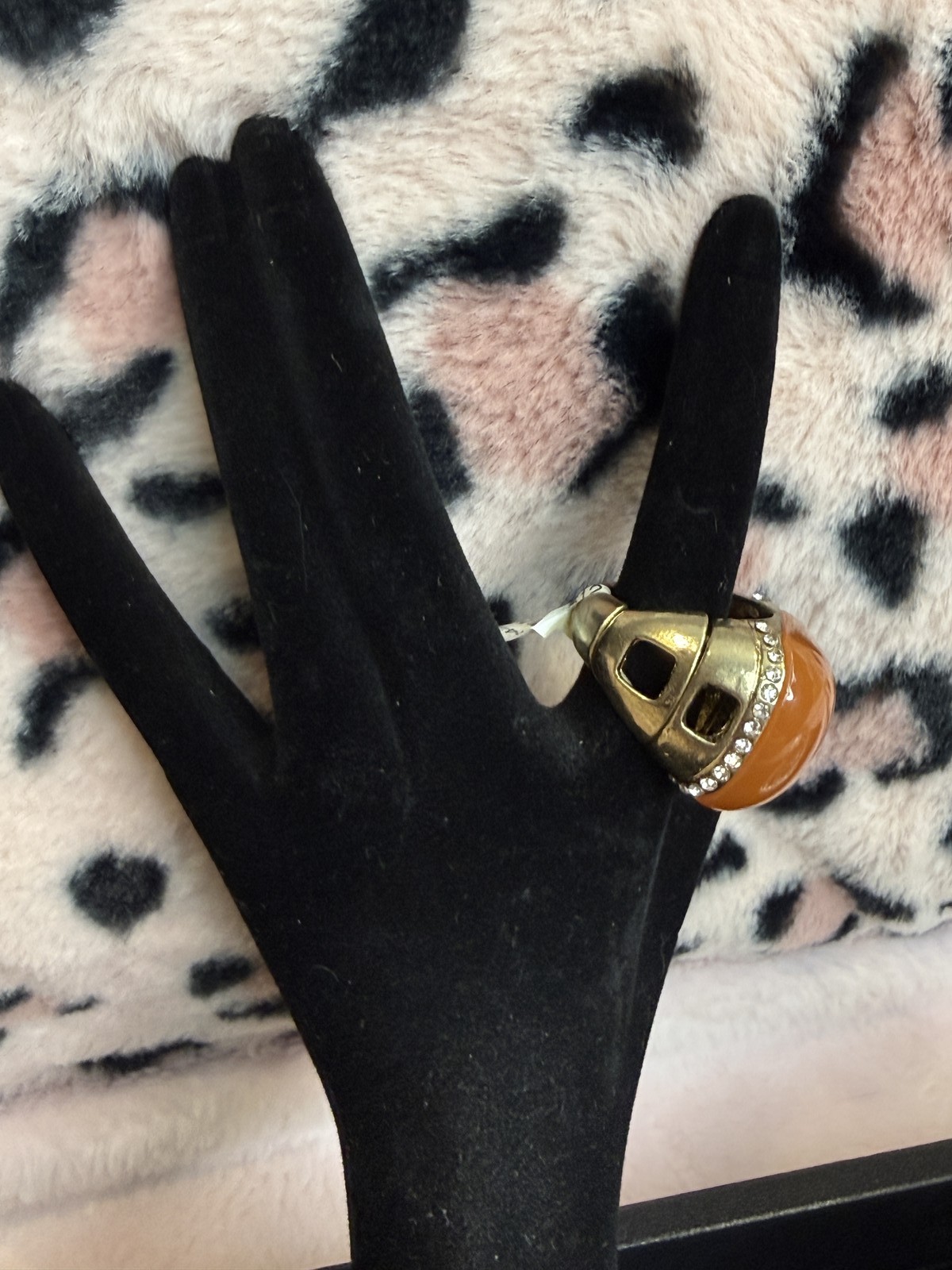 Orange Cabochon Gold Tone Cocktail Ring Rhinestone Halo Chunky Statement