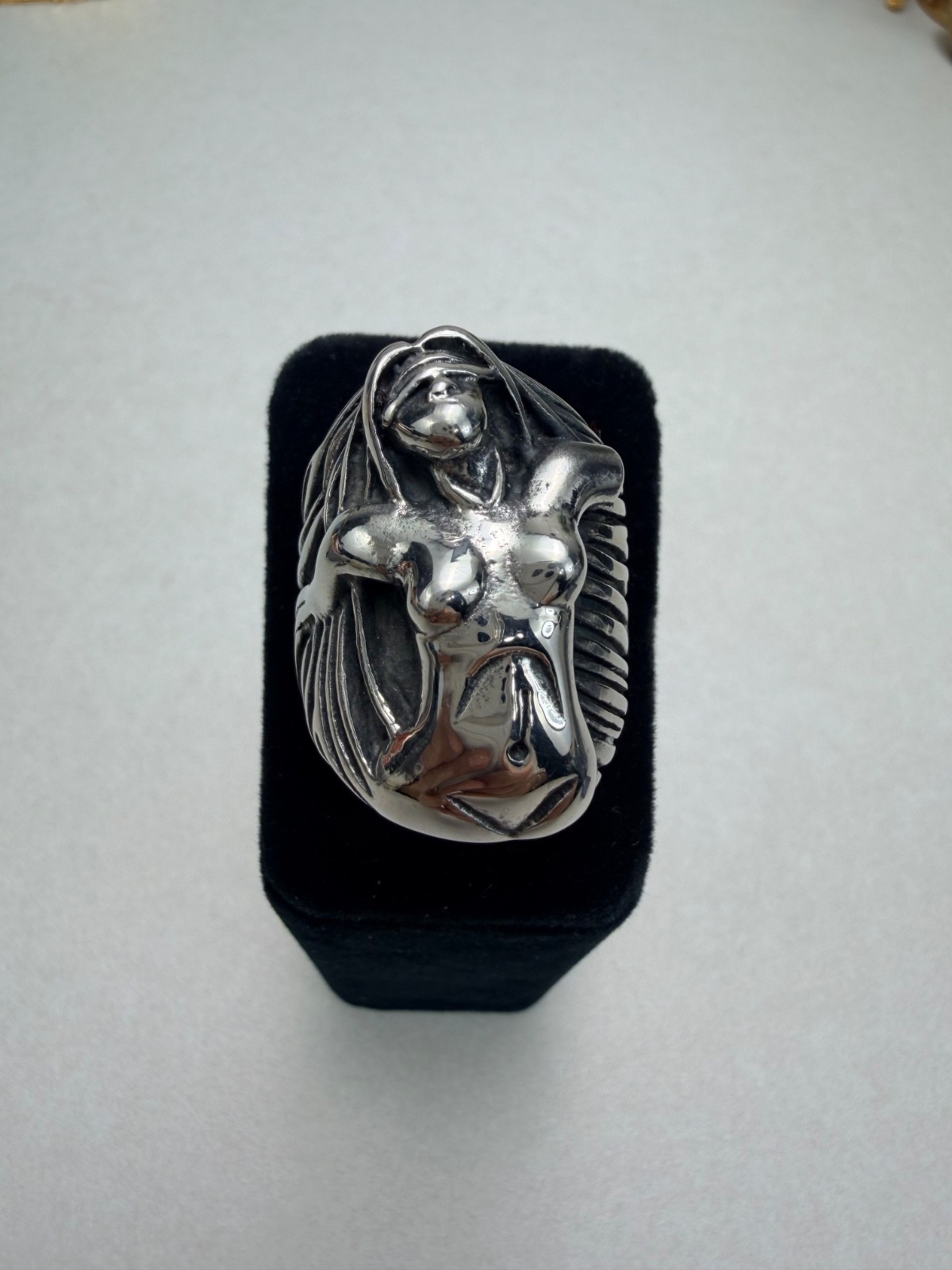 Stainless Steel Sculptural Nude Woman Art Ring Statement Biker Ring Unisex