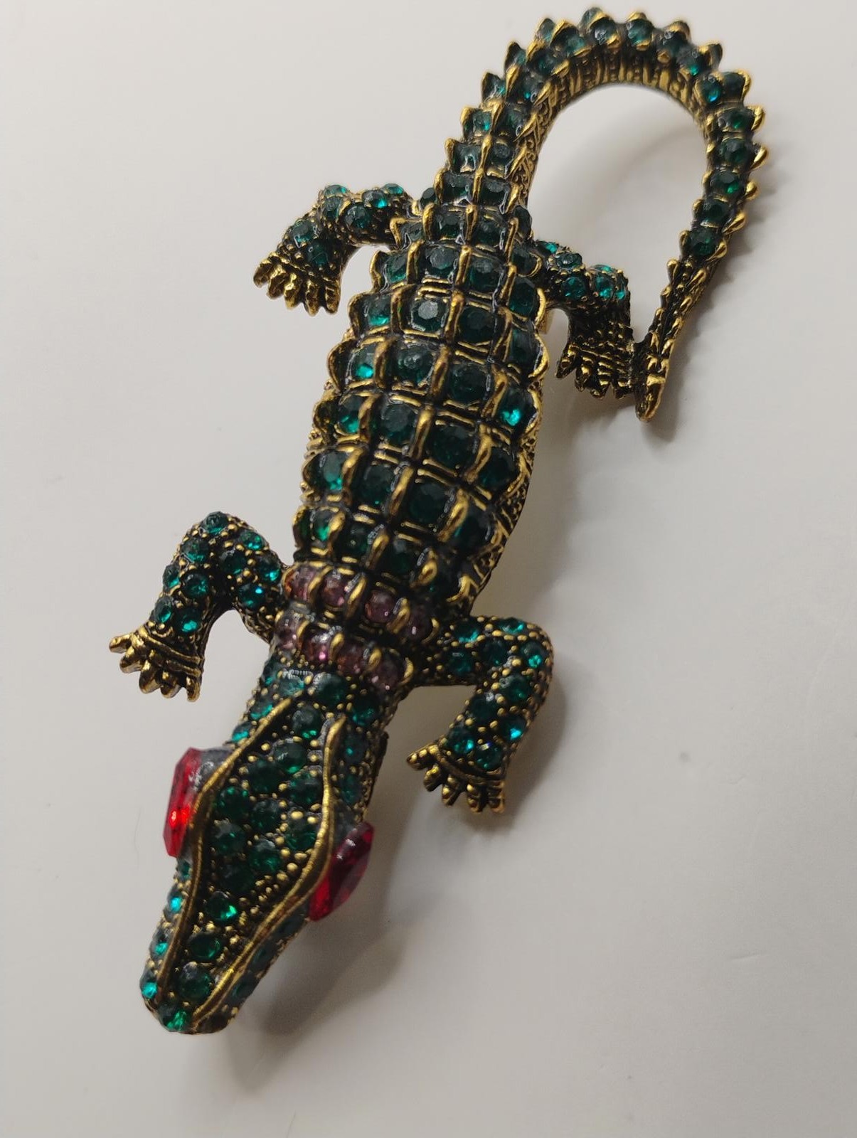 Vintage 3″ Alligator Brooch Pin Pendant with Green and Red Rhinestone Accents