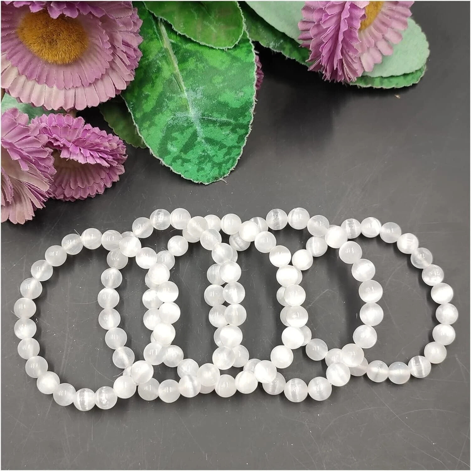 Minimalist Selenite Bracelet 4mm Round Beads Gemstone Stretch Bracelet 1pc