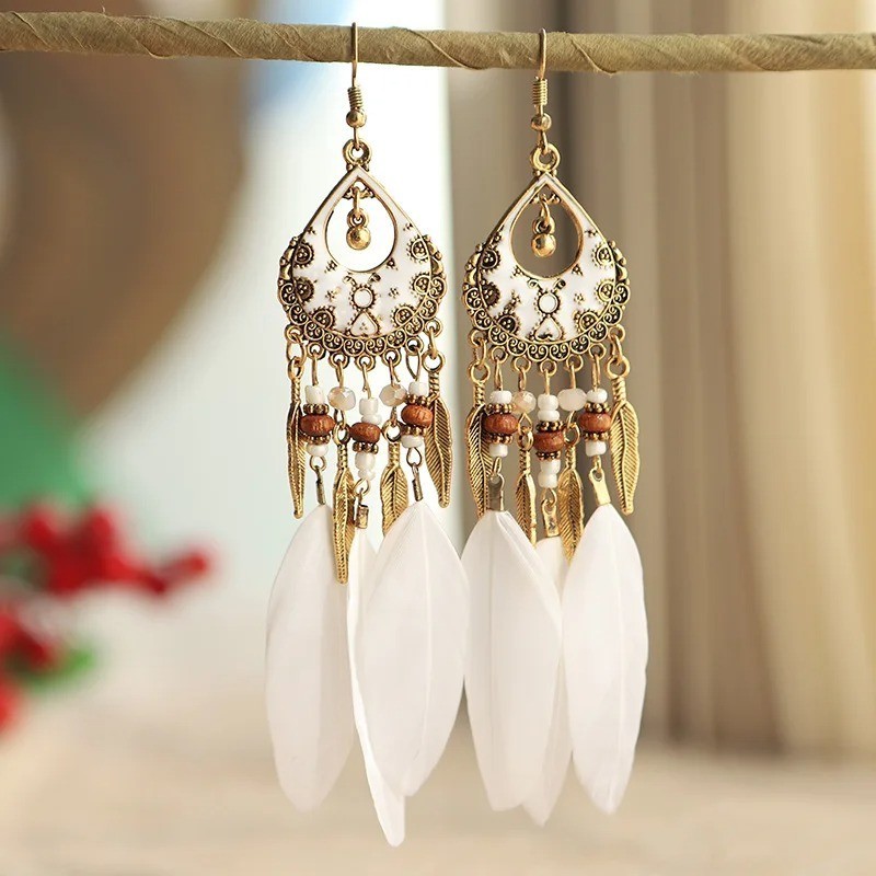 Handmade Bohemian Charm Colorful Feather Retro Design Beaded Long Earrings Women