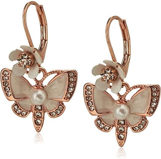 Betsey Johnson Rose Gold Butterfly Drop Earrings | Pearl Accent |