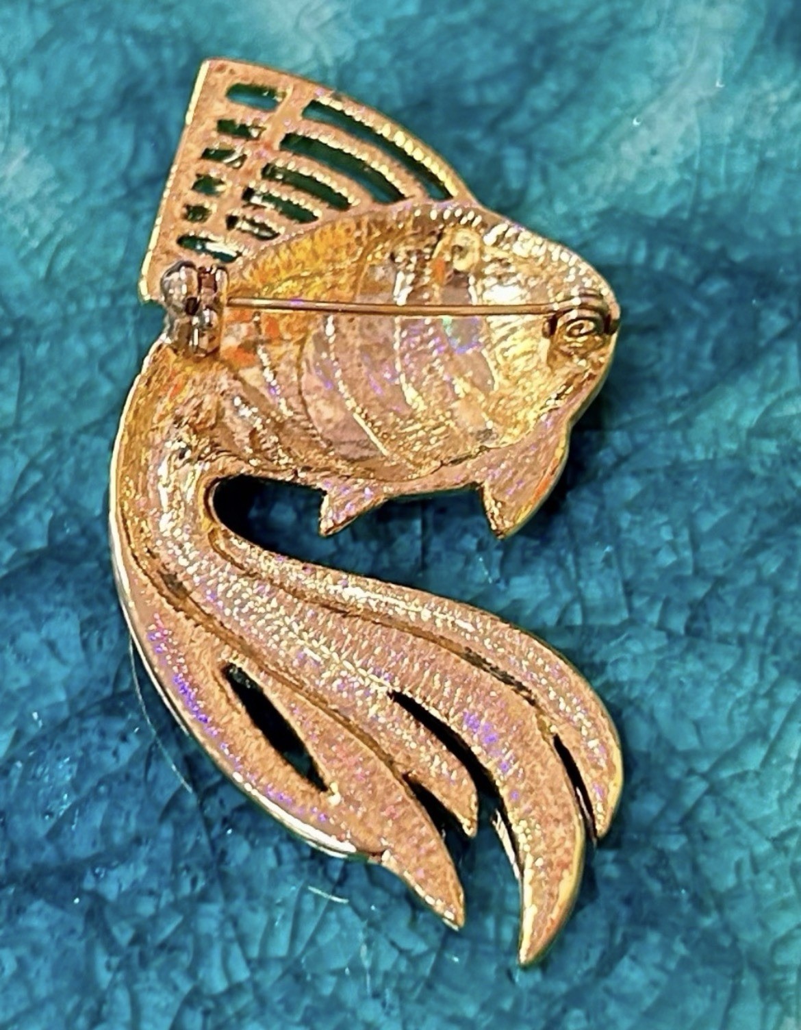 Gold Tone Enamel Fish Brooch Pin Red Blue Green Animals & Insects Theme 1980’s