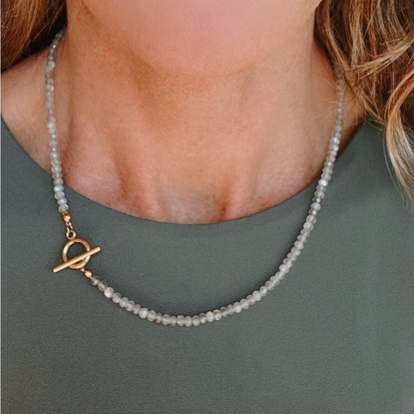 Labradorite Beaded Necklace Gold Toggle Clasp Waterproof Gold Gemstone Jewelry